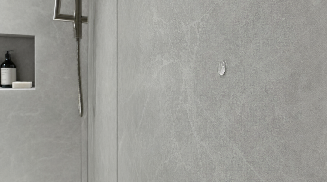 Seamless groutless composite stone shower wall panels