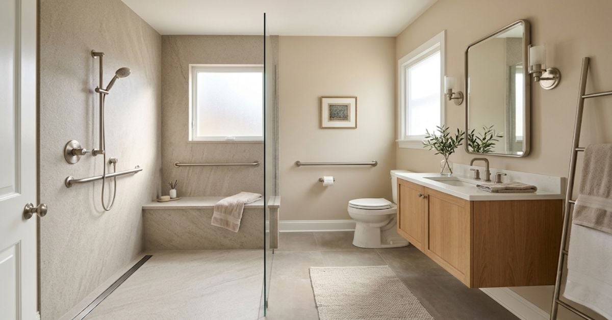 ADA accessible bathroom design Winston-Salem NC — curbless stone shower with coordinated grab bars and floating vanity