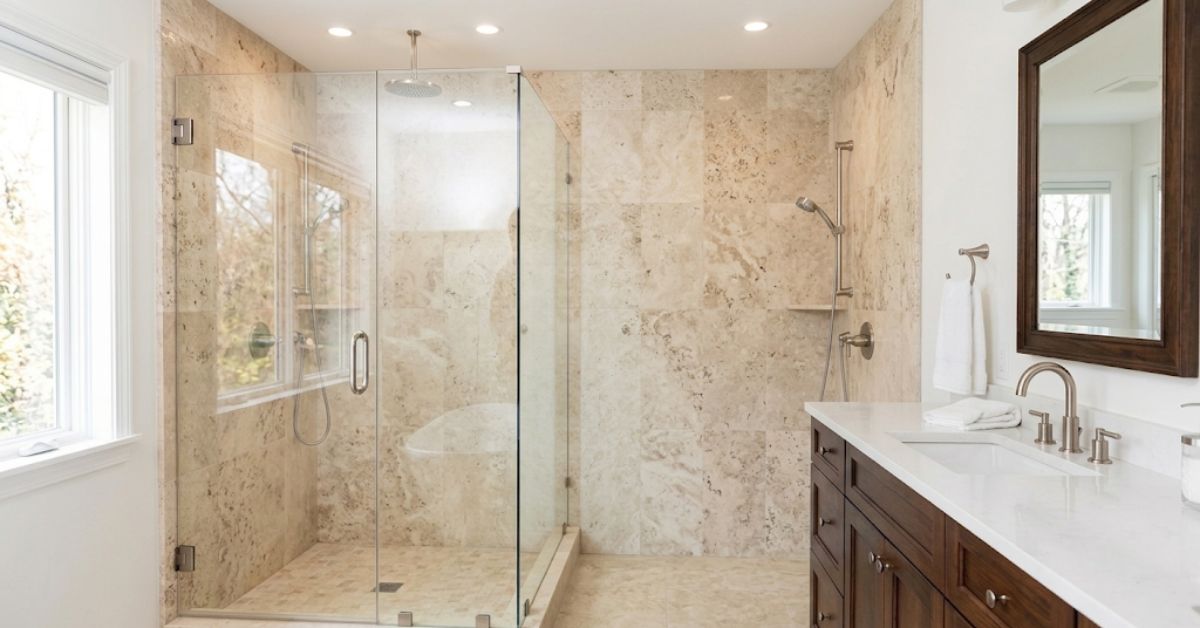 Bathroom contractors Concord NC — homeowner reviewing completed bathroom remodel