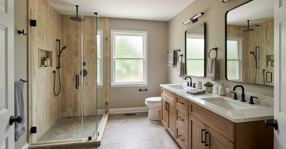 Completed master bathroom remodel Concord NC — stone panel shower and quartz vanity