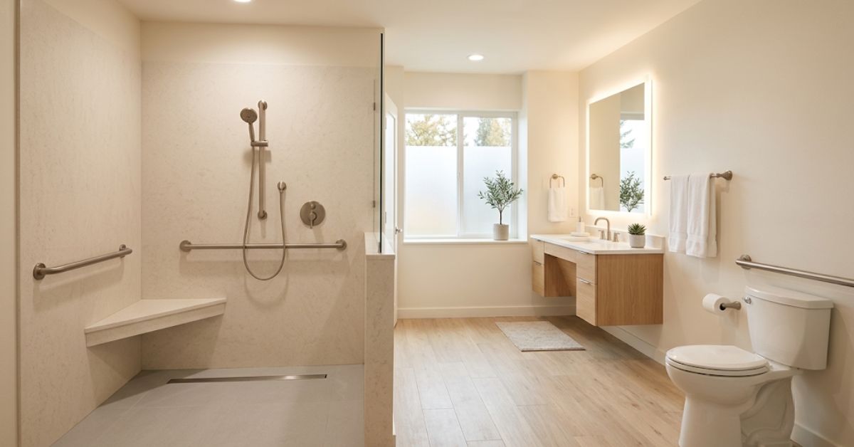 Handicap bathroom remodel contractors North Carolina — accessible walk-in shower with grab bars and bench