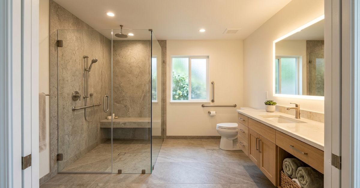 Completed handicap bathroom remodel North Carolina — luxury accessible design with coordinated hardware