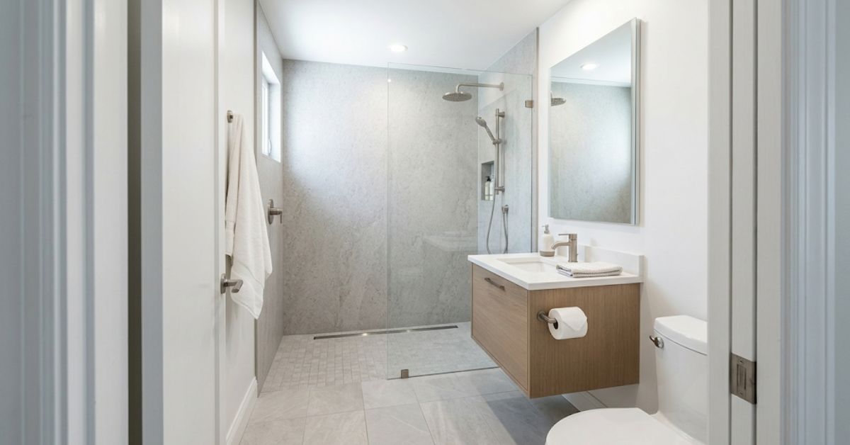 Small bathroom remodel under 40 square feet — curbless shower and floating vanity design