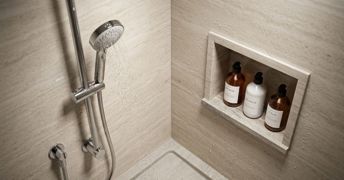 Small bathroom detail — groutless stone panel shower with recessed niche