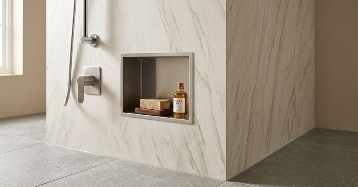What is composite stone — shower wall panel with realistic stone veining and matte finish