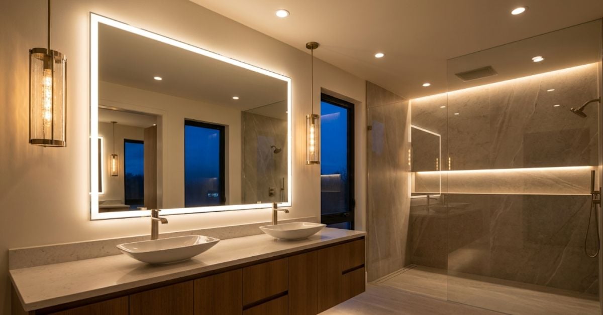 Bathroom lighting design 2026 — layered lighting with LED backlit mirror, ambient overhead, and accent illumination