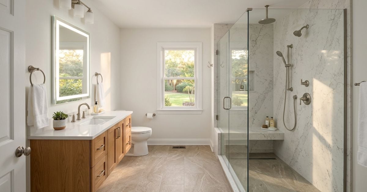 Bathroom remodeling Salisbury NC — modern master bath with stone shower and floating vanity