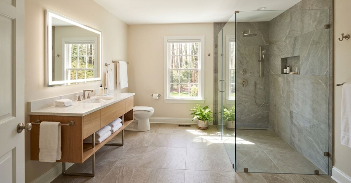 Bathroom remodeling Statesville NC — modern master bath with stone shower and floating vanity