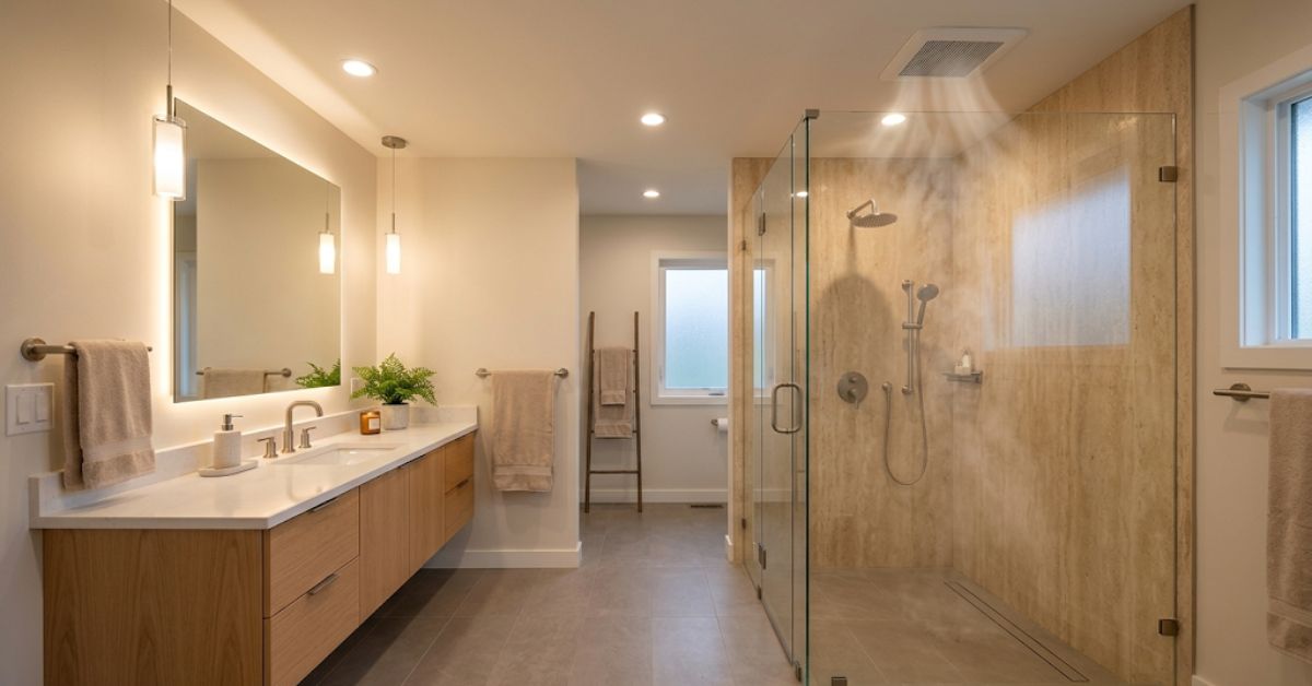 Bathroom ventilation done right — modern exhaust fan installed above shower with proper humidity management