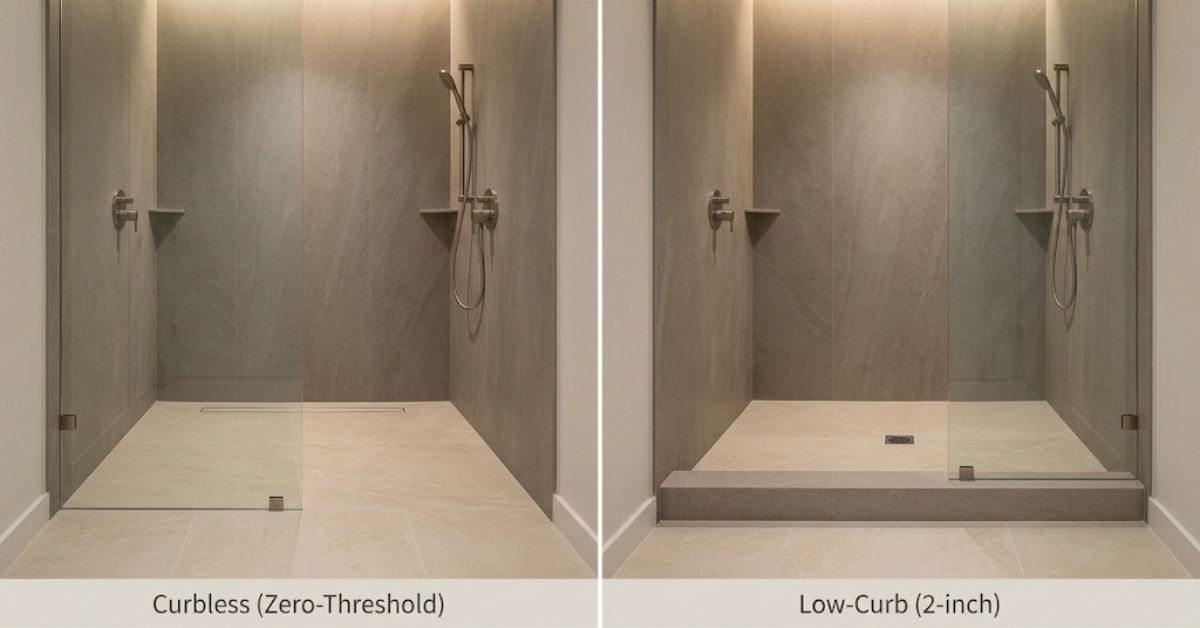 Curbless shower vs low-curb shower — side by side comparison of shower entry types