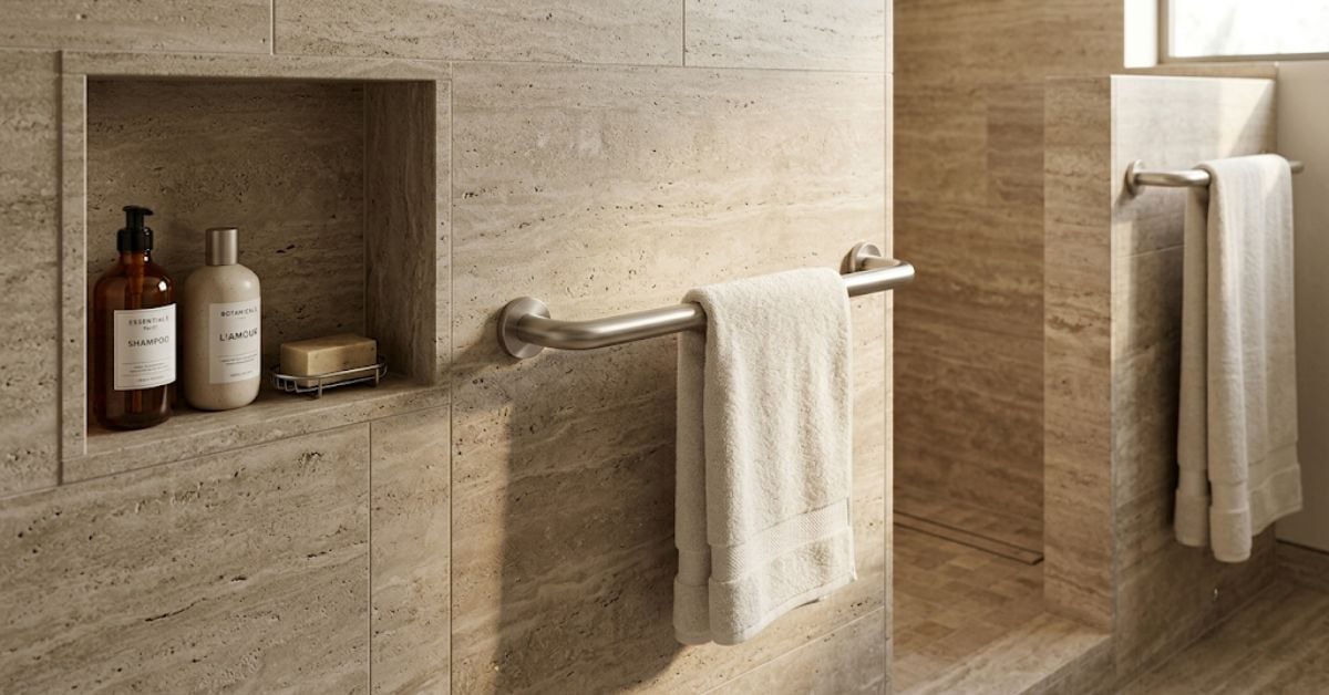Designer grab bars 2026 — brushed nickel accessibility hardware integrated into luxury bathroom design