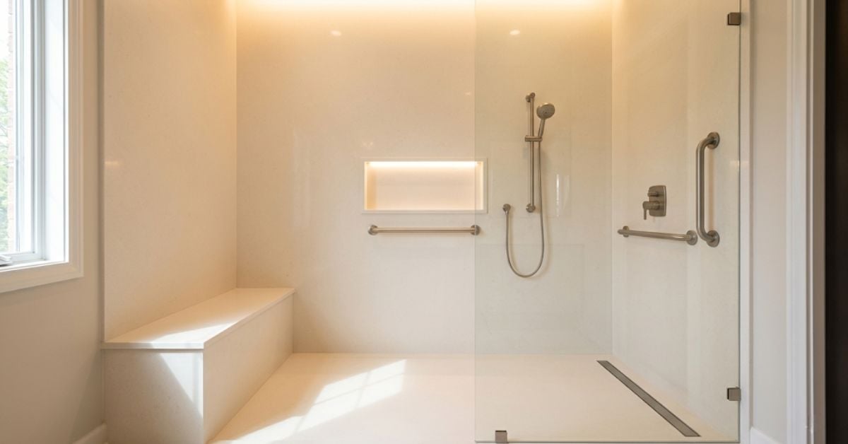 Grout-free shower 2026 — seamless composite stone panel walls with zero grout lines