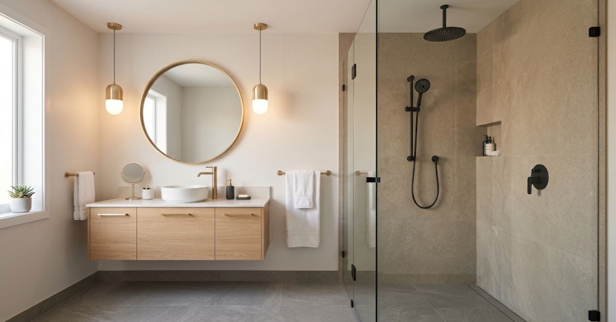 Mixed metal finishes bathroom 2026 — intentional matte black and brushed gold combination