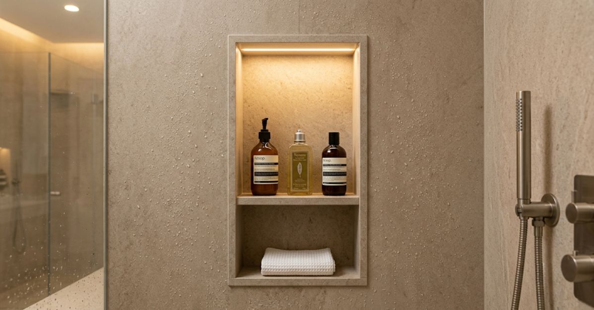 Shower niche design — recessed niche in composite stone panel shower wall with LED strip lighting