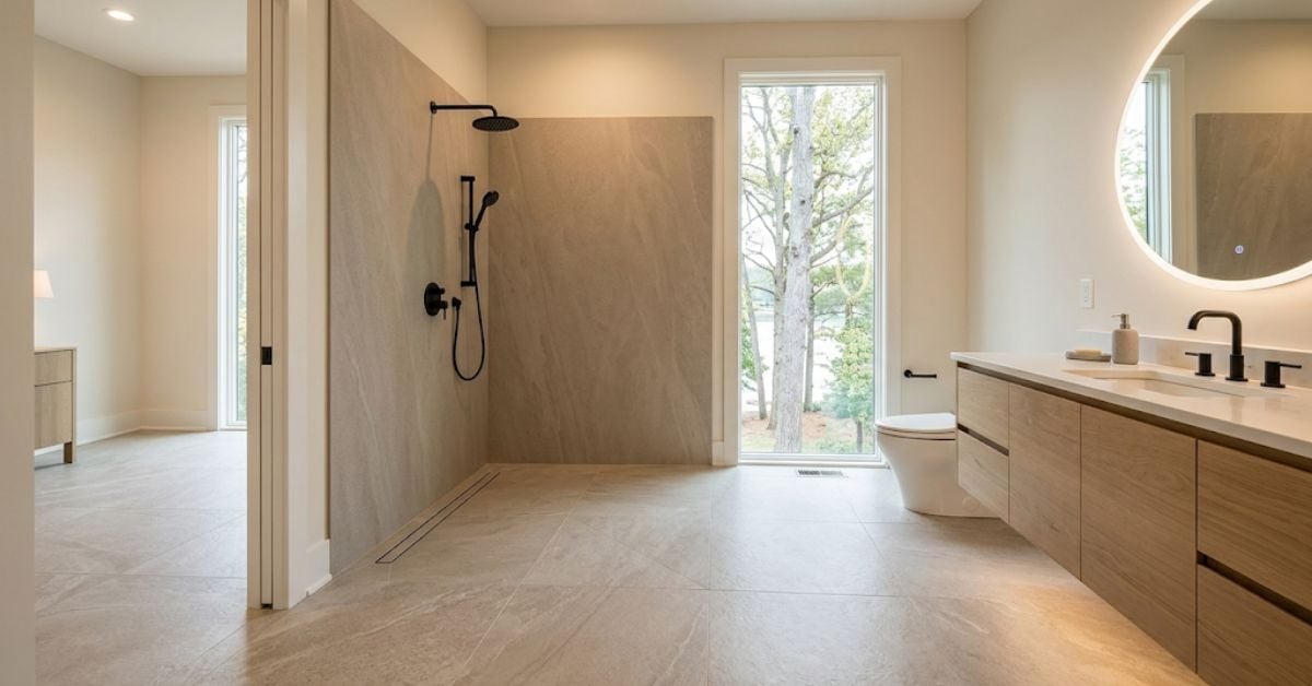 Wet room bathroom design Lake Norman NC — continuous porcelain flooring flowing seamlessly into curbless shower area