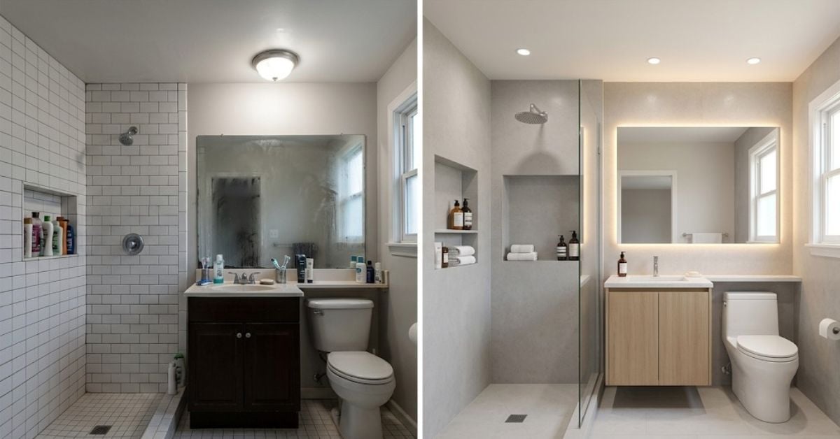7 bathroom remodel regrets — modern master bathroom with lessons learned overlay