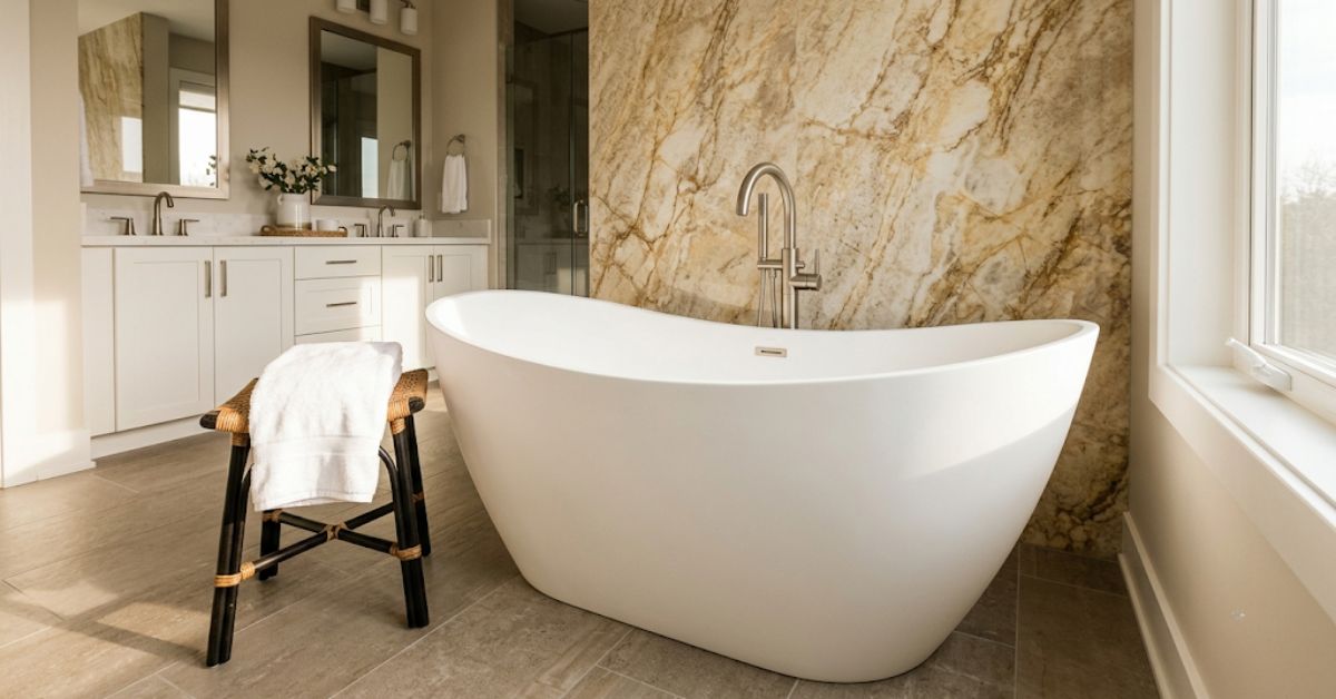 Bathtub installation vs tub replacement — freestanding soaking tub in modern master bathroom