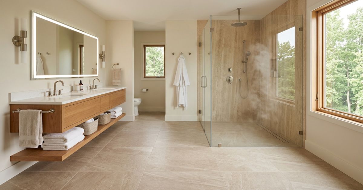 Heated bathroom floors North Carolina — warm tile floor in modern master bathroom
