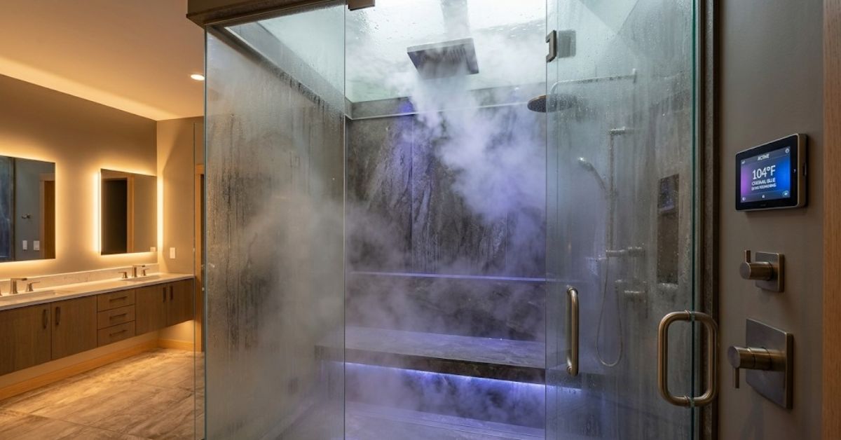 Steam shower vs standard shower — modern wellness bathroom with steam generator and chromatherapy