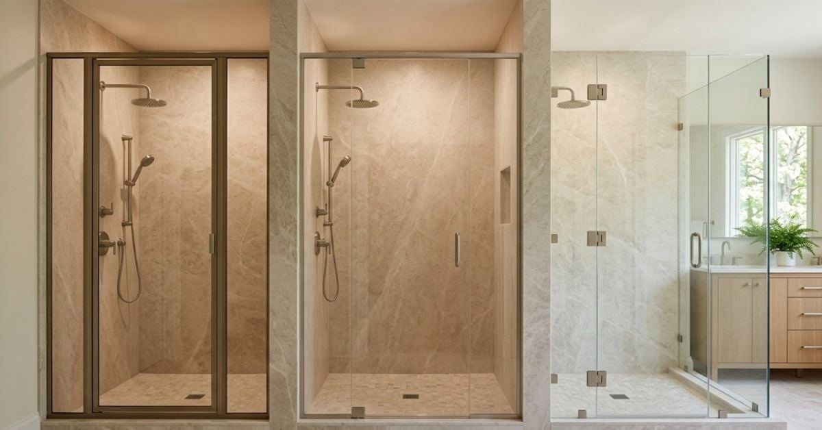 Frameless semi-frameless and framed shower glass comparison in modern stone bathrooms