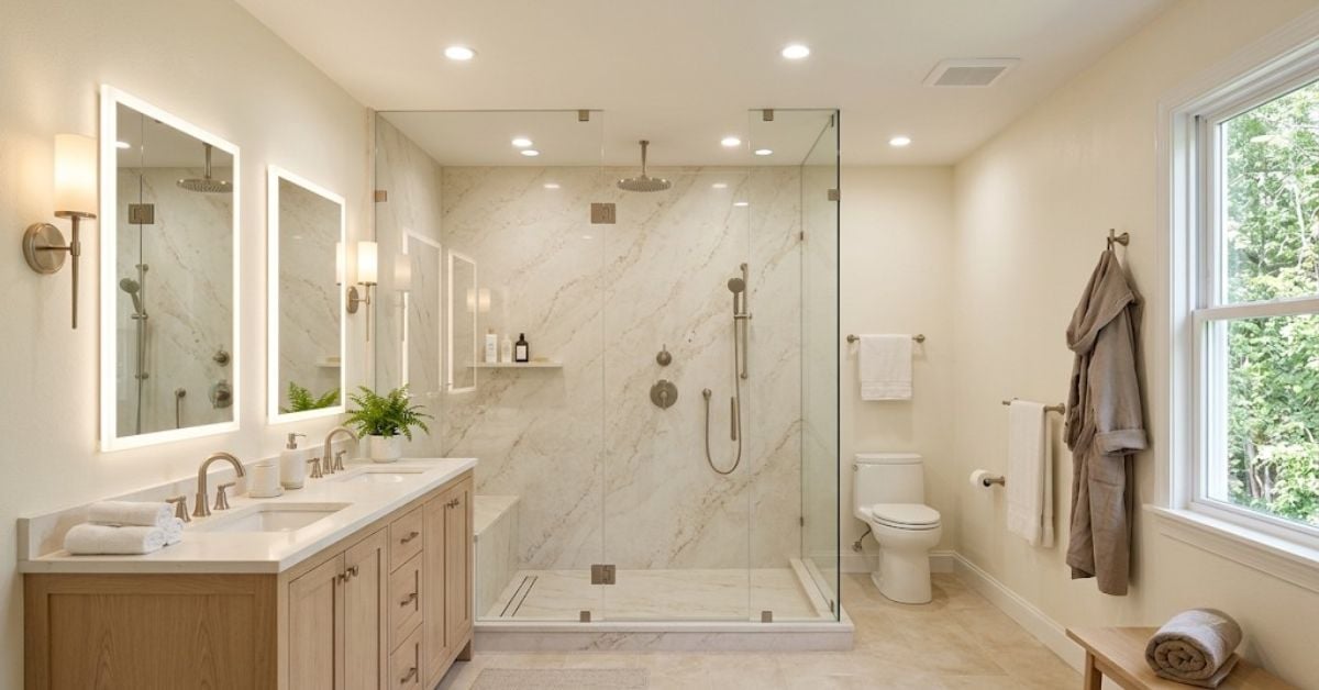 2026 warm bathroom palette with natural wood vanity, warm stone shower walls and mixed metal fixtures